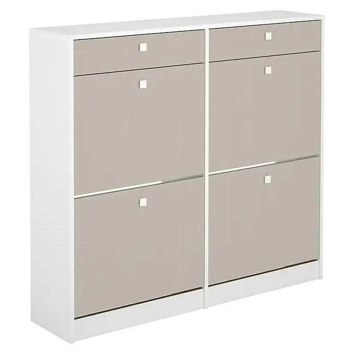 Meka Block Zapatero K-306 - L x An x Al: 27 x 117 x 105 cm, Blanco liso/Textil, Número de compartimentos: 4 ud. - Un moderno zapatero con estructura blanca y frentes grises, perfecto para un almacenamiento elegante de zapatos.