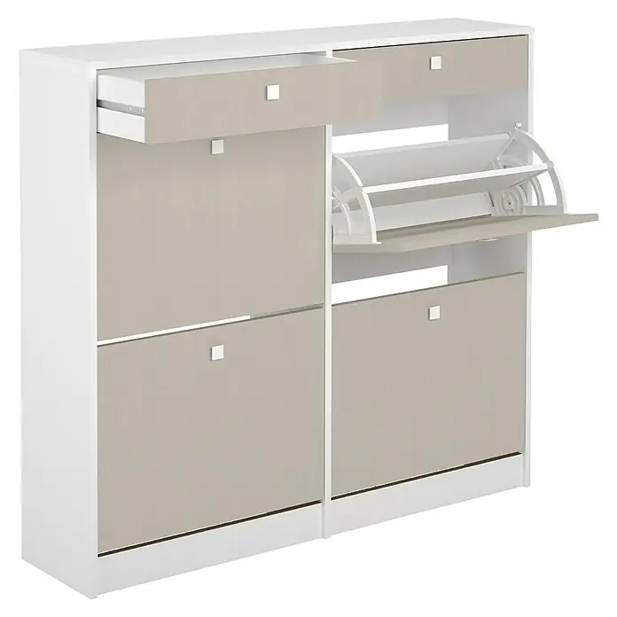 Meka Block Zapatero K-306 - L x An x Al: 27 x 117 x 105 cm, Blanco liso/Textil, Número de compartimentos: 4 ud. - Un zapatero abierto con cajones en blanco y beige. El mueble es funcional y ofrece mucho espacio de almacenamiento para zapatos y otros objetos.