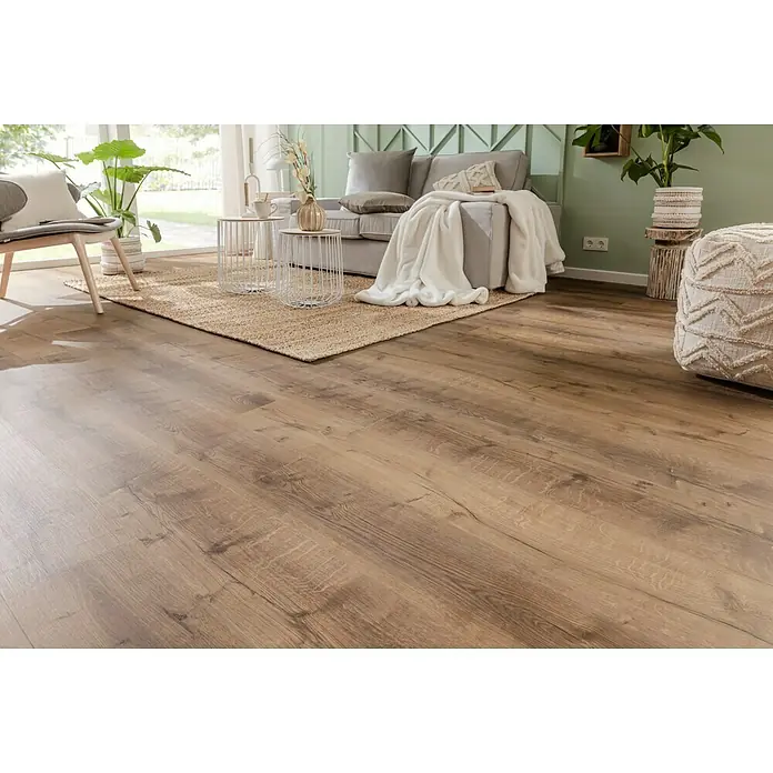 Manta para sofá Happy - 150 x 200 cm, Blanco - Acogedora habitación con suelo laminado de alta calidad con aspecto de madera que irradia calidez y naturalidad. Perfecto para un hogar acogedor.