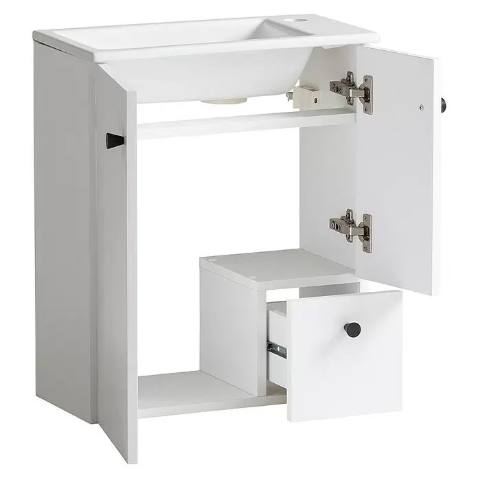 Schildmeyer Bento Badmöbel-Set - 50 cm, Weiß, Matt - Weißer Badezimmerschrank mit integriertem Waschbecken, offenen Türen und geöffneter Schublade.