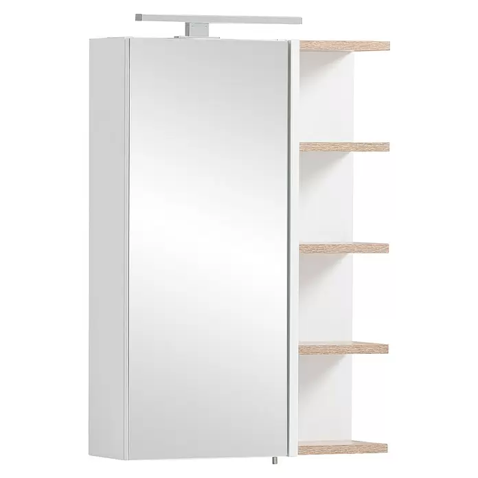 Schildmeyer Bento LED-Spiegelschrank - B x H: 49,7 x 74,4 cm, Holz, Weiß - Weißer Badezimmerspiegelschrank mit integrierter Beleuchtung und offenen Regalen in heller Holzoptik.