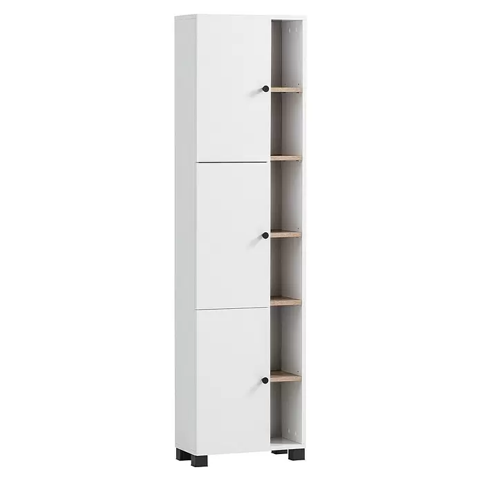 Schildmeyer Bento Hochschrank - B x T x H: 44,9 x 23,4 x 167,6 cm, Weiß/Eiche, Matt - Hoher weißer Schrank mit drei Türen und offenen Regalen mit heller Holzoptik und schwarzen Knöpfen.