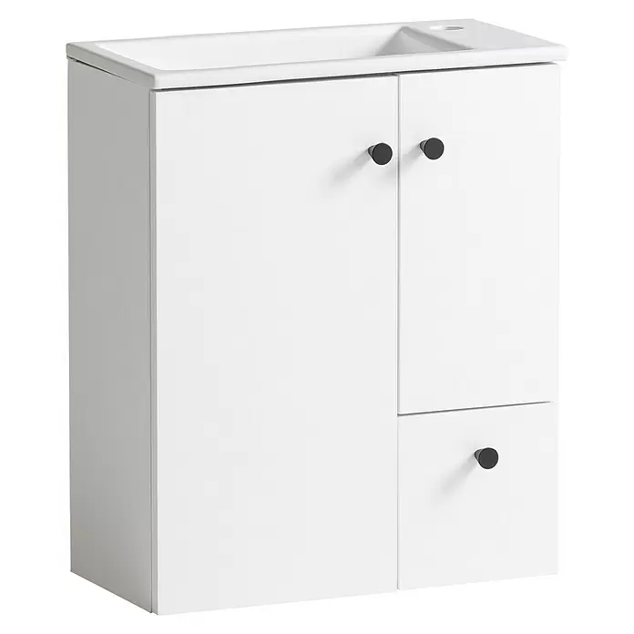 Schildmeyer Bento Badmöbel-Set - 50 cm, Weiß, Matt - Weißer Bad-Waschtischunterschrank mit integriertem Waschbecken, zwei Türen und einer Schublade, alle mit schwarzen Knöpfen.