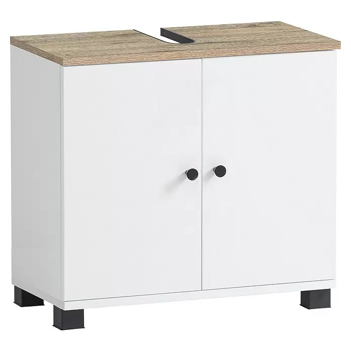 Schildmeyer Bento Waschtischunterschrank - B x T x H: 59,8 x 32,6 x 62,4 cm, Weiß/Eiche, Matt - Weißer Badunterschrank mit zwei Türen, schwarzen Griffen, einer hellen Holzplatte mit Waschtisch-Ausschnitt und schwarzen Füßen.