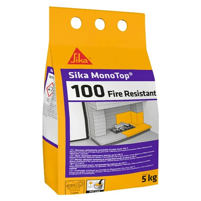 Sika Mortero refractario y resistente al fuego MonoTop 100 Fire Resistant - 5 kg - Imagen de un saco de mortero ignífugo Sika MonoTop® 100, ideal para aplicaciones resistentes al calor hasta 750°C.