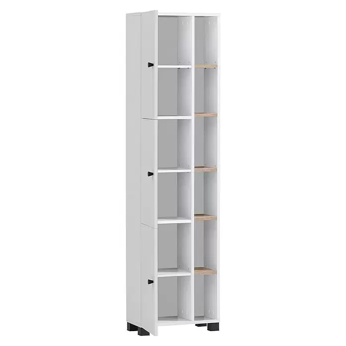 Schildmeyer Bento Hochschrank - B x T x H: 44,9 x 23,4 x 167,6 cm, Weiß/Eiche, Matt - Hoher weißer Aufbewahrungsschrank mit drei geschlossenen Fächern mit schwarzen Griffen und offenen Regalböden, teilweise in Holzoptik.