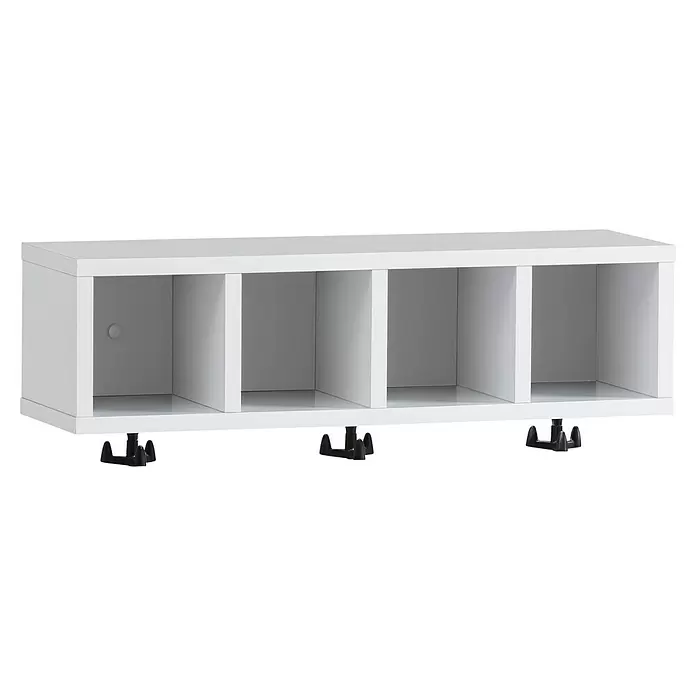 Schildmeyer Bento Wandregal - L x B x H: 17,6 x 59,8 x 20,3 cm, Spanplatte - Weißes, modulares Regal mit fünf Fächern und drei schwarzen Haken zur Aufbewahrung und Organisation.