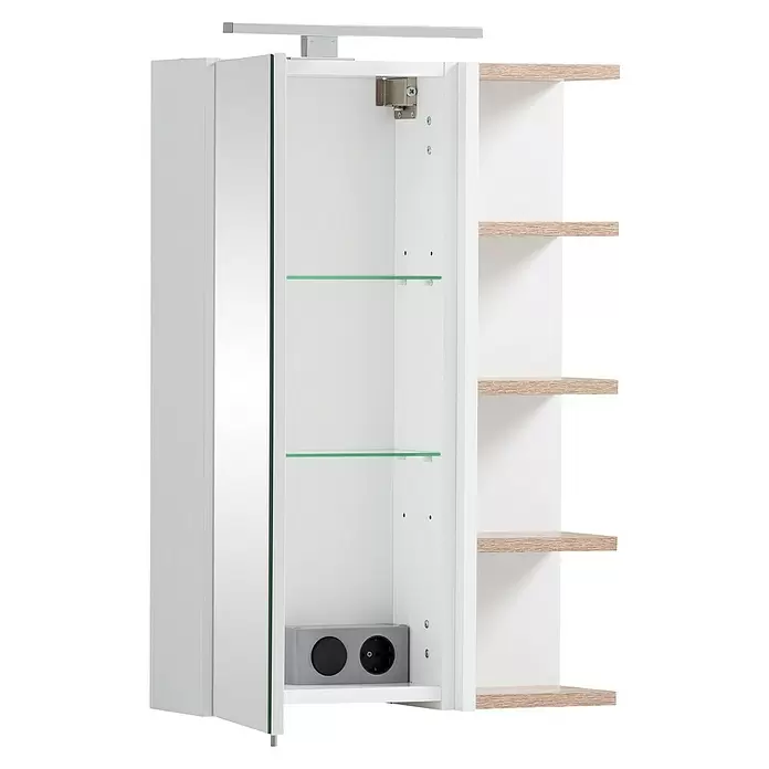 Schildmeyer Bento LED-Spiegelschrank - B x H: 49,7 x 74,4 cm, Holz, Weiß - Weißer Badezimmerspiegelschrank mit integrierter Beleuchtung, Steckdose, Glasböden und offenen Holzregalen.