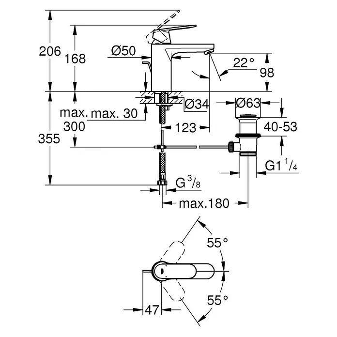 Grohe Eurosmart Cosmopolitan Waschtischarmatur M-Size - Mit Zugstange, Chrom, Glänzend - Technische Zeichnung einer Armatur mit Maßangaben zu Höhe, Durchmesser, Winkel und Ausladung für Installationszwecke.