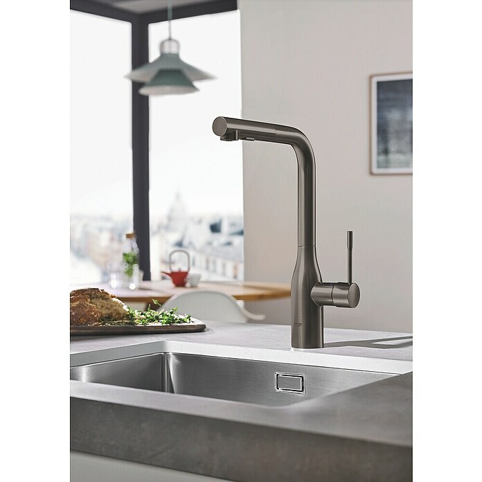 Grohe Essence Spültischarmatur (Hard Graphite, Matt, Ausziehbare Dual-Spülbrause)