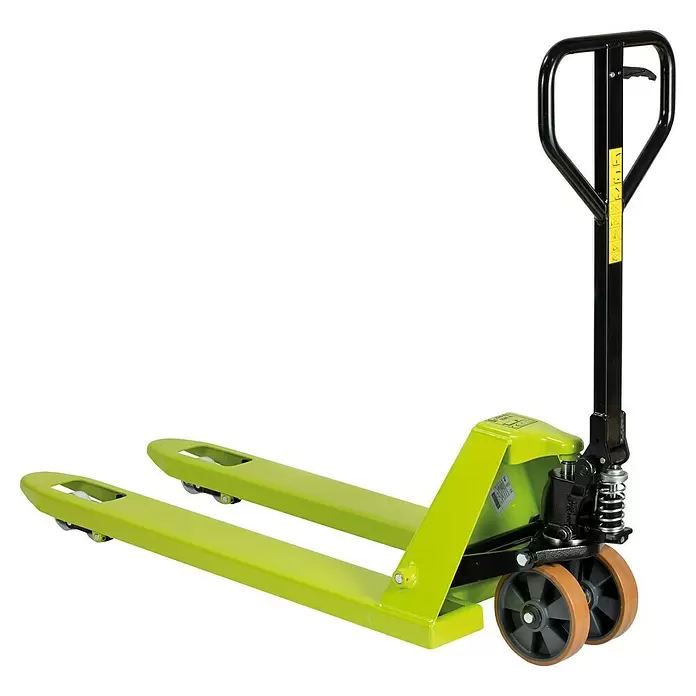 Pramac Palettenhubwagen GS EVO 25 - Traglast: 2.500 kg, Länge Gabel: 1.150 mm, Breite Gabel: 525 mm - Limettengrüner und schwarzer Handhubwagen mit Gabeln und robusten Rädern zum Heben und Bewegen von Lasten.