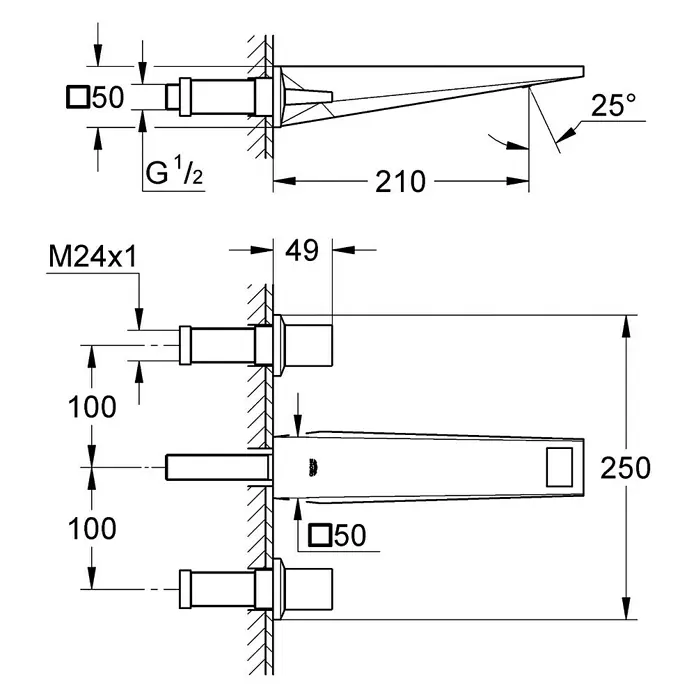 Grohe Allure Brilliant Waschtischarmatur - Wandmontage, 3 Stk., Chrom, Glänzend, Ausladung Armatur: 210 mm - Technische Zeichnung einer Armatur mit Maßen. Die Armatur ist detailliert dargestellt.