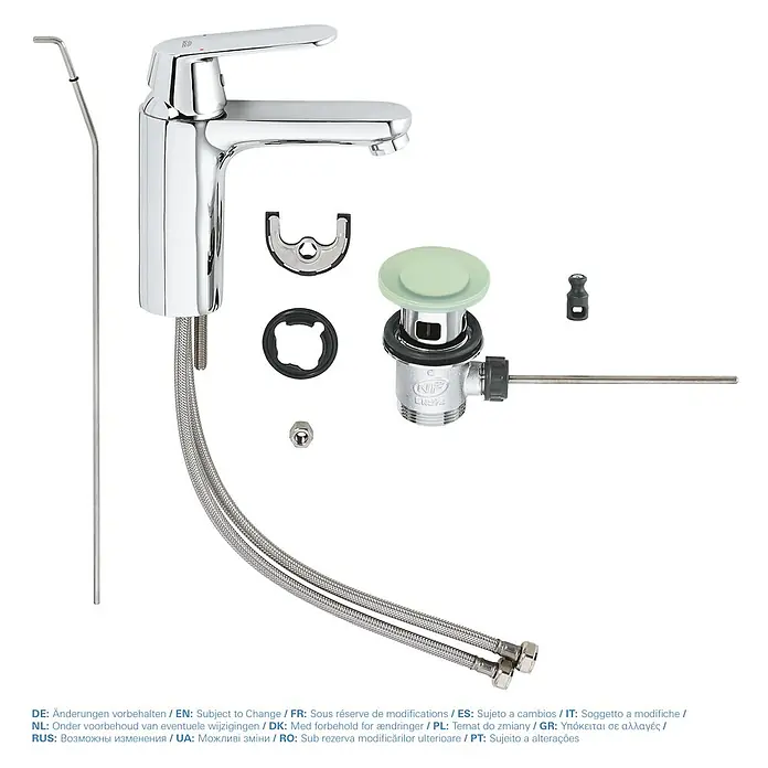 Grohe Eurosmart Cosmopolitan Waschtischarmatur M-Size - Mit Zugstange, Chrom, Glänzend - Bild eines verchromten Wasserhahns mit Zubehör für die Installation, wie Dichtungen und Schläuche.
