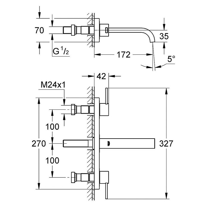 Grohe Allure Waschtischarmatur (Wandmontage, 3 Stk., Chrom, Glänzend, Ausladung Armatur: 172 mm) | BAUHAUS