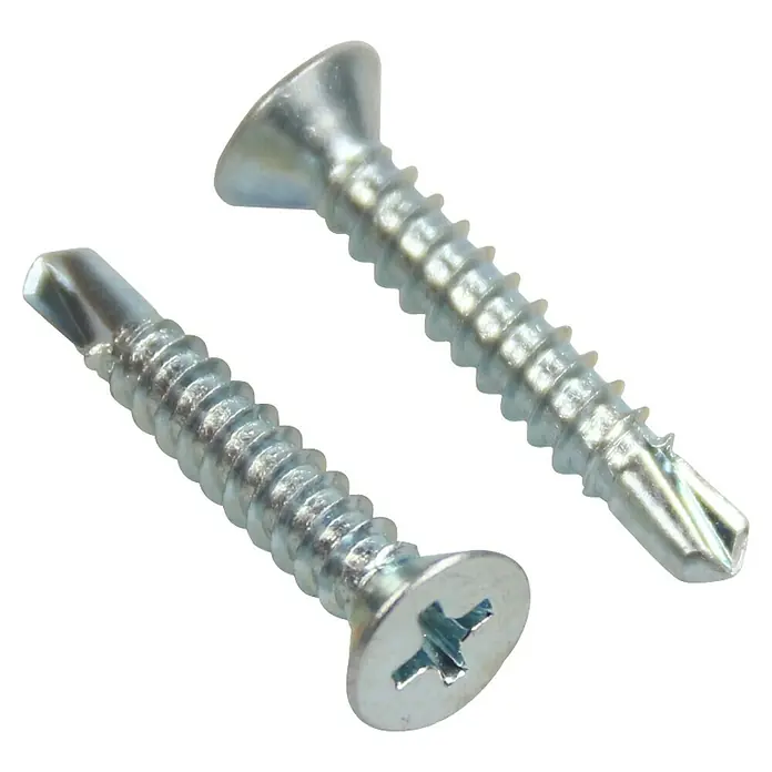 Profi Depot Tornillo perforador - Ø x L: 2,9 x 16 mm, Acero, 100 ud. - Vista detallada de dos tornillos avellanados con accionamiento Phillips y punta de broca, ideales para chapa y metal.