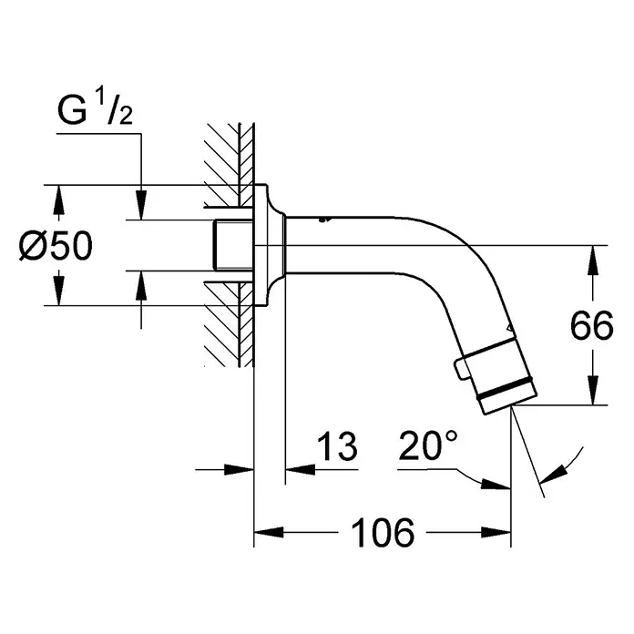 Grohe Waschtischarmatur Universal - Wandmontage, Chrom, Glänzend, Ausladung Armatur: 106 mm - Technische Zeichnung eines gebogenen Wasserhahns mit Maßangaben zu Durchmesser, Winkel und Länge.