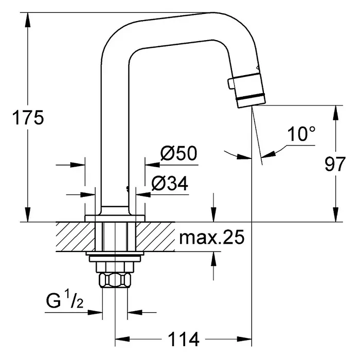 Grohe Kaltwasser-Standventil Universal - U-Auslauf, Chrom, Glänzend - Technische Zeichnung eines Wasserhahns mit Maßangaben.