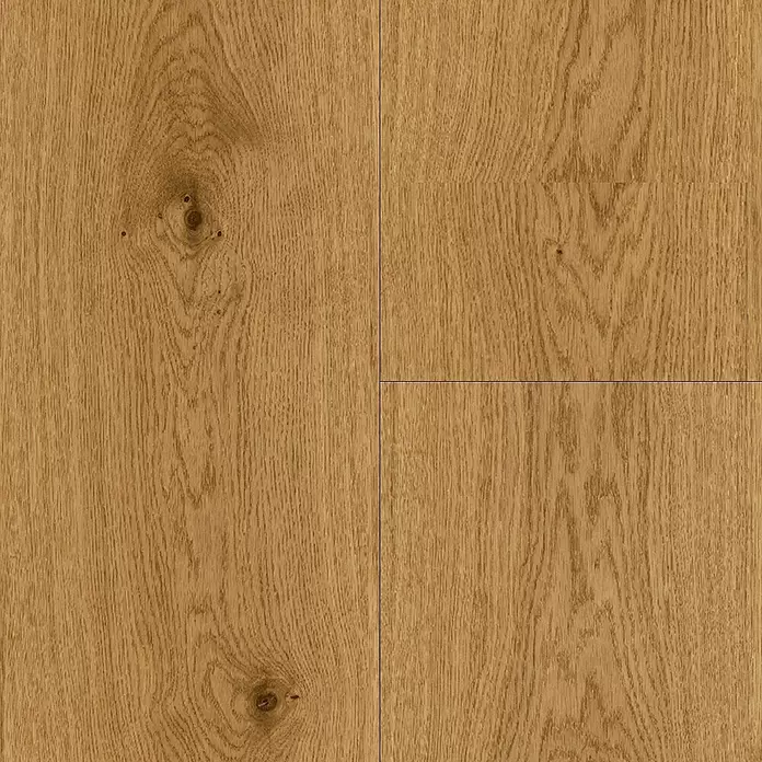 Parador Parkettmuster Basic 11.5 Rustikal Eiche - 200 x 233 x 11,5 mm, Landhausdiele - Hellbrauner Eichenholzboden mit natürlicher Maserung und sichtbaren Ästen.