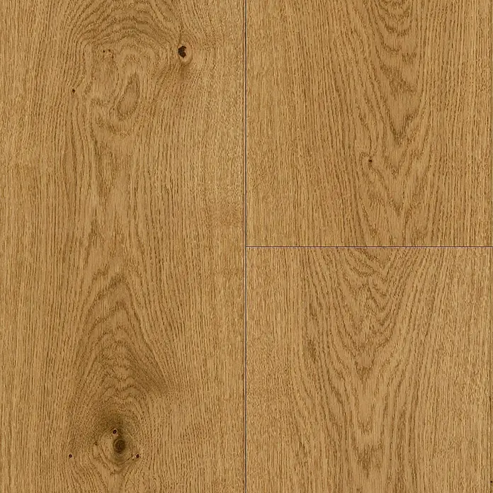 Parador Parkettmuster Classic 3025 Rustikal Eiche - 200 x 233 x 13 mm, Landhausdiele - Abbildung von vier hellbraunen Holzdielen mit deutlicher Maserung und Astlöchern, die eine warme und natürliche Optik bieten.