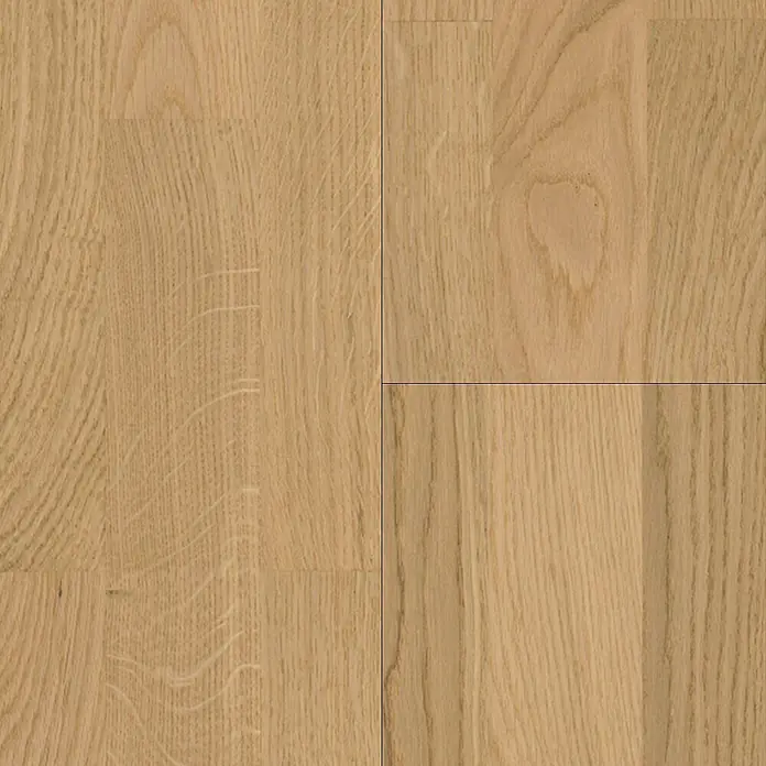 Parador Parkettmuster Classic 3060 Natur Eiche Sauvignon leicht geweißt - 200 x 185 x 13 mm, Schiffsboden - Nahaufnahme eines hellen Eichenparkettbodens mit deutlicher Maserung und natürlichen Farbvariationen. Die Oberfläche ist matt und glatt.