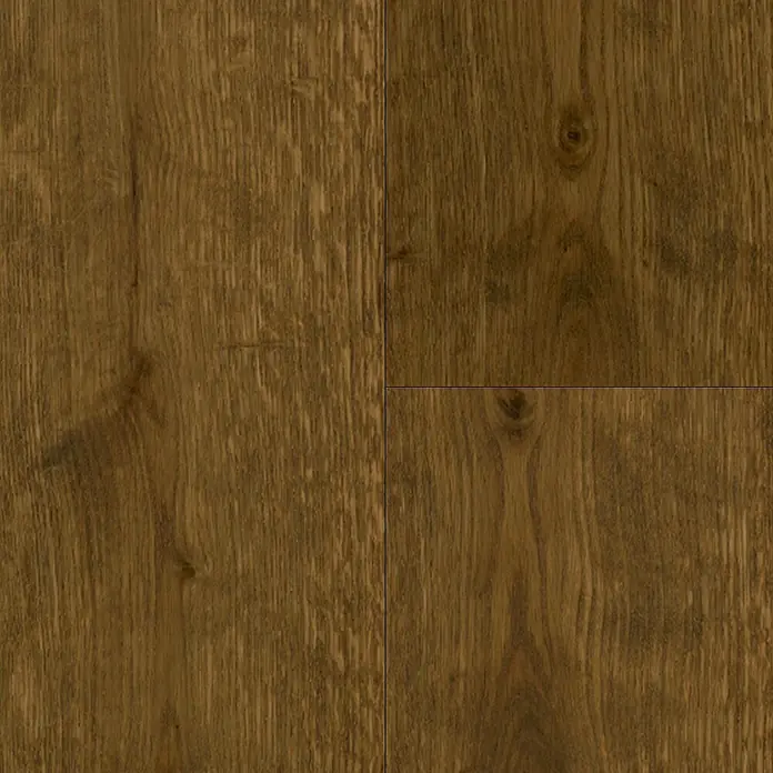 Parador Parkettmuster Classic 3060 Rustikal Eiche Brunello braun - 200 x 185 x 13 mm, Landhausdiele - Abbildung von vier Holzdielen in warmen Brauntönen. Das Holz hat eine deutliche Maserung und einige Astlöcher.