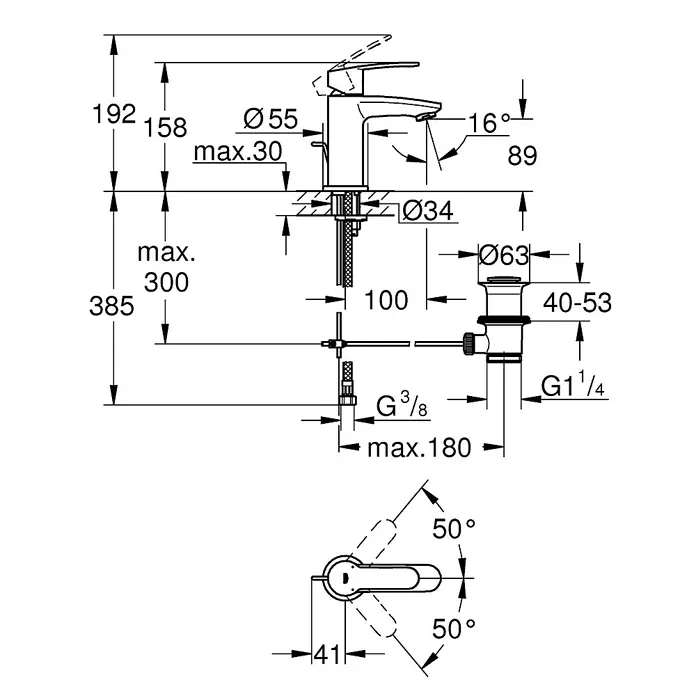 Grohe Eurostyle Cosmopolitan Waschtischarmatur S-Size - Chrom, Glänzend - Technische Zeichnung einer Armatur mit Maßen und Details zur Installation.