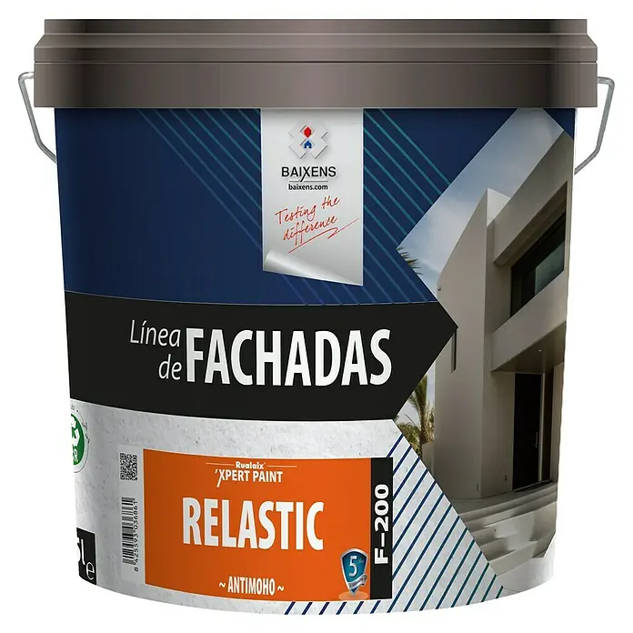 Baixens Pintura de dispersión para fachadas elastomérico liso - Blanco, 15 l - Bote de pintura para fachadas de la marca Baixens, Relastic F-200, con fórmula antimoho y 5 años de garantía para fachadas duraderas.