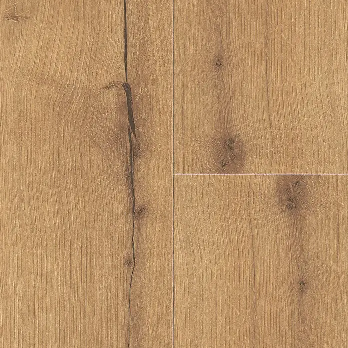 Parador Designbodenmuster Modular ONE Eiche Helios natur - 200 x 194 x 8 mm, Landhausdiele, Eiche Helios natur - Nahaufnahme von Laminatboden in Holzoptik. Die Paneele zeigen eine realistische Maserung und Astlöcher für ein authentisches Aussehen.