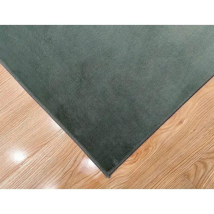 Alfombra de pelo corto Aiden - Kaki, 170 x 120 cm, Poliéster - Primer plano de una alfombra verde sobre un piso de madera clara, creando un ambiente cálido y acogedor.