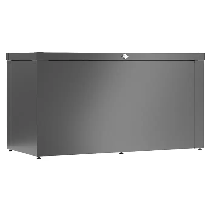 Guardi Garten-Aufbewahrungsbox Allroundbox S - L x B x H: 129 x 56,5 x 68,2 cm, Anthrazit, Metall - Dunkelgraue rechteckige Outdoor-Aufbewahrungsbox mit Schloss, auf kleinen Füßen stehend.