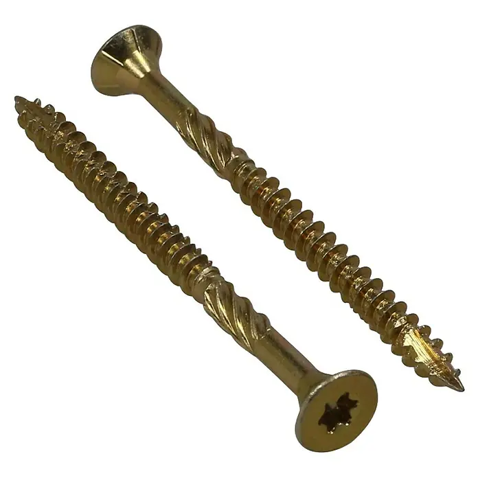 Profi Depot Bohrschraube - Ø x L: 6 x 120 mm, Gelb verzinkt, V 30 - Goldene Holzschrauben mit Torx-Antrieb und Bohrspitze, ideal für Holzverbindungen, präsentiert auf schwarzem Hintergrund.
