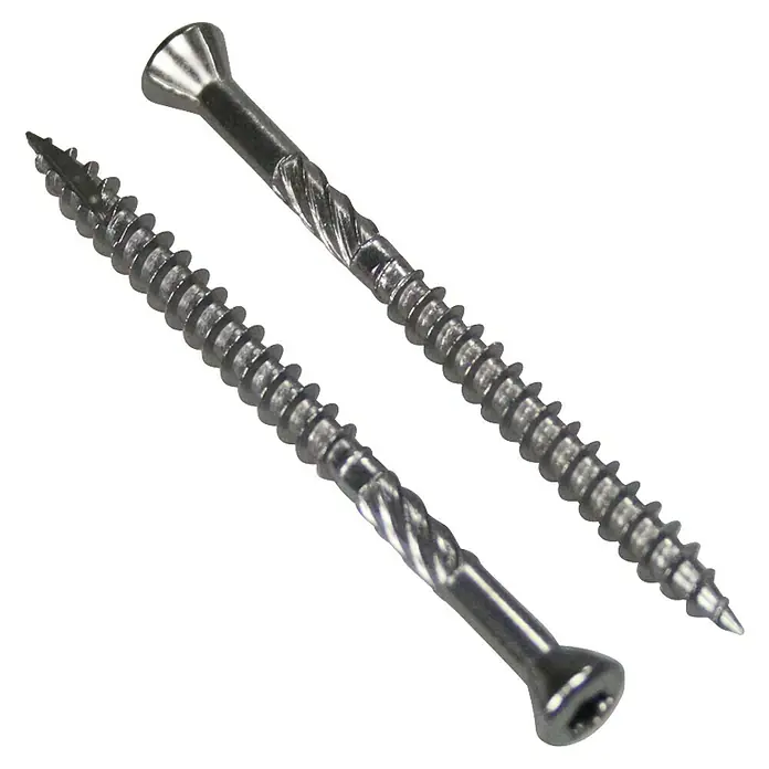 Profi Depot Tornillo autoperforante Turbo Drill - Diámetro: 4 mm, Largo: 40 mm, Acero inoxidable, TX para accionamientos TORX, Cabezal avellanado, 200 ud. - Primer plano de dos tornillos Torx para madera con rosca y cabeza avellanada sobre un fondo negro, ideales para carpintería y construcción.