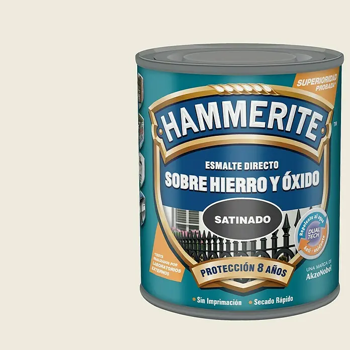 Hammerite Esmalte para metal Hierro y Óxido - Blanco, 2,5 l, Efecto satinado - Bote de pintura Hammerite Directo sobre óxido esmalte con acabado satinado, ofrece 8 años de protección y es repelente al agua.