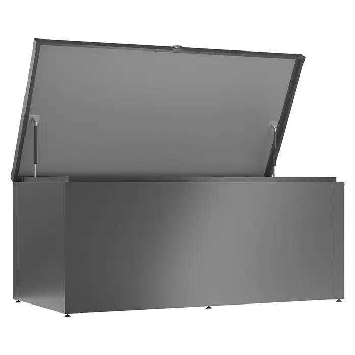 Guardi Garten-Aufbewahrungsbox Allroundbox M - L x B x H: 159 x 76,5 x 68,2 cm, Anthrazit, Metall - Dunkelgraue Aufbewahrungsbox mit geöffnetem Deckel, Gasdruckfedern und kleinen Füßen.