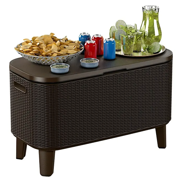 Keter Nevera portátil Bevy Bar - L x An x Al: 83 x 40,5 x 50 cm, Marrón - Mesa de cóctel nevera marrón con aperitivos y bebidas, ideal para fiestas al aire libre y para enfriar bebidas con estilo.