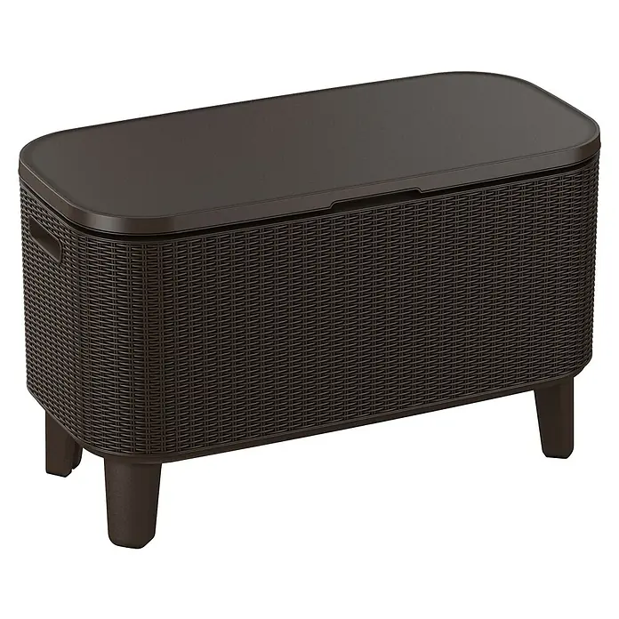 Keter Nevera portátil Bevy Bar - L x An x Al: 83 x 40,5 x 50 cm, Marrón - Caja de almacenamiento de jardín marrón con tapa y patas. Ideal para guardar utensilios de jardinería o como mesa auxiliar.