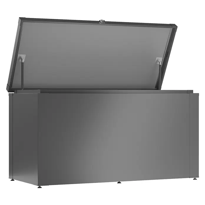 Guardi Garten-Aufbewahrungsbox Allroundbox S - L x B x H: 129 x 56,5 x 68,2 cm, Anthrazit, Metall - Dunkelgraue Gefriertruhe mit geöffnetem Deckel und sichtbaren Gasfedern.