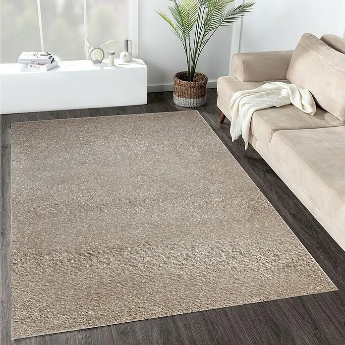 Alfombra de pelo largo Bravo Vigore - Taupe, 180 x 120 cm, Polietileno/Polipropileno - Una alfombra beige en una sala de estar con un sofá y una planta. La textura sutil de la alfombra complementa los muebles.