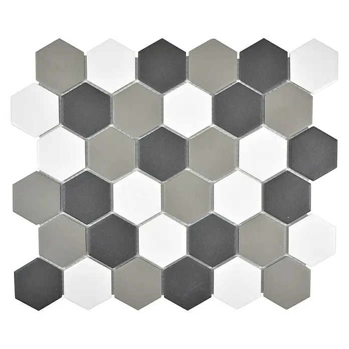 Mosaikfliese Hexagon Mix CU HX150 - 32,5 x 28,1 cm, Weiß/Schwarz/Grau, Matt - Nahaufnahme eines Musters aus sechseckigen Fliesen in Weiß-, Grau- und Schwarztönen, das ein modernes und stilvolles Designelement für jeden Raum bietet.