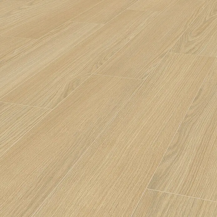Laminado Roble Linen Sheridan - 1.285 x 192 x 7 mm, Roble Linen Sheridan, AC5 - Primer plano de piso de baldosas imitación madera beige claro con sutiles vetas y líneas de lechada, ideal para interiores modernos.