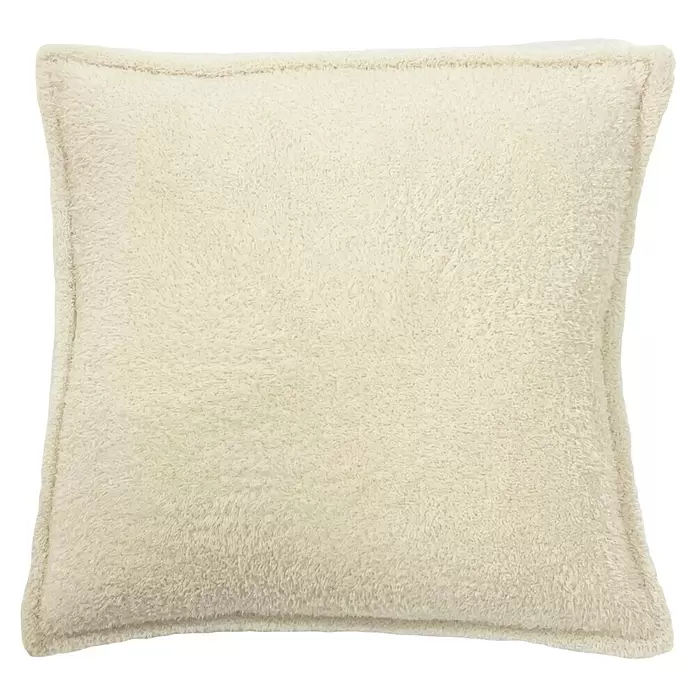 Kissen Teddy - Tofu, 45 x 45 cm, 100 % Polyester - Ein weiches, flauschiges, hellbeiges Quadratkissen mit genähten Rändern.