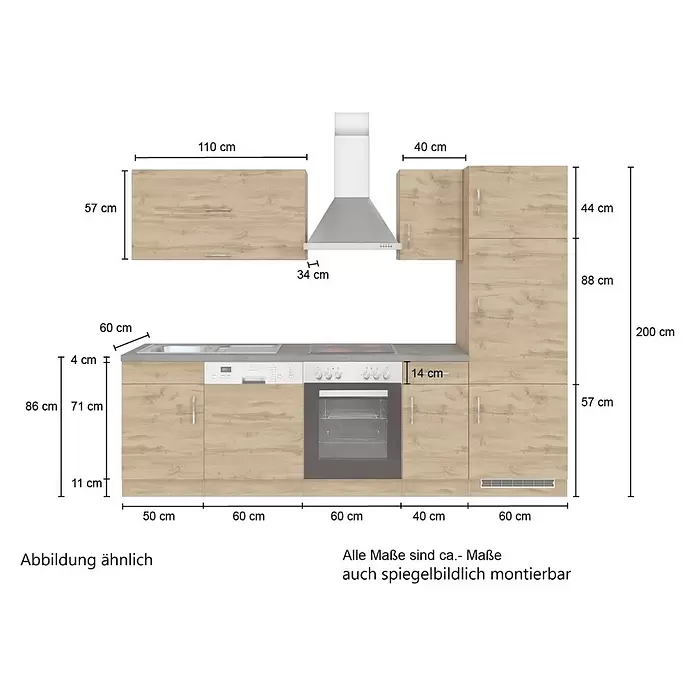 Held Möbel Küchenleerblock Barolo Typ 4 - Breite: 270 cm, Anthrazit, Farbe Korpus: Wotaneiche, Ohne Elektrogeräte - L-förmige Modulküche in heller Holzoptik mit integrierten Geräten und detaillierten Maßen.
