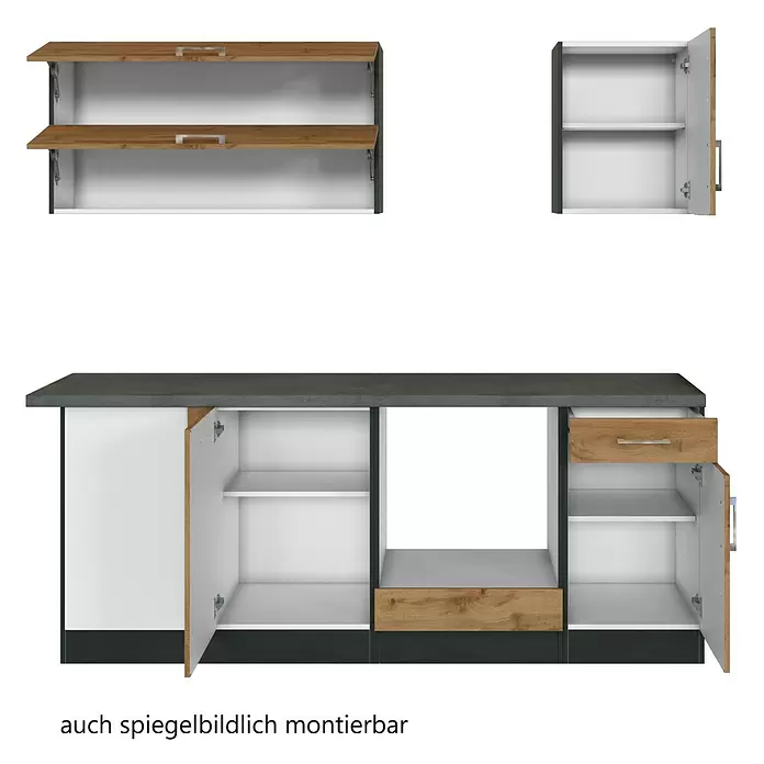 Held Möbel Küchenleerblock Barolo Typ 2 - 210 x 210 cm, Wotaneiche, Farbe Korpus: Graphitgrau, Ohne Elektrogeräte - Modulare Holz- und weiße Küchenschränke mit dunkelgrauen Akzenten, offenen Türen, Regalen und spiegelbildlicher Montagemöglichkeit.