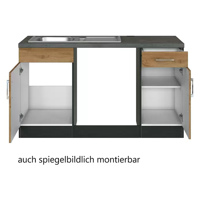 Held Möbel Küchenleerblock Barolo Typ 2 - 210 x 210 cm, Wotaneiche, Farbe Korpus: Graphitgrau, Ohne Elektrogeräte - Dunkelgrauer Küchenspülenunterschrank mit Holzoptik-Schubladen, Edelstahlspüle und offenen weißen Innenschränken.