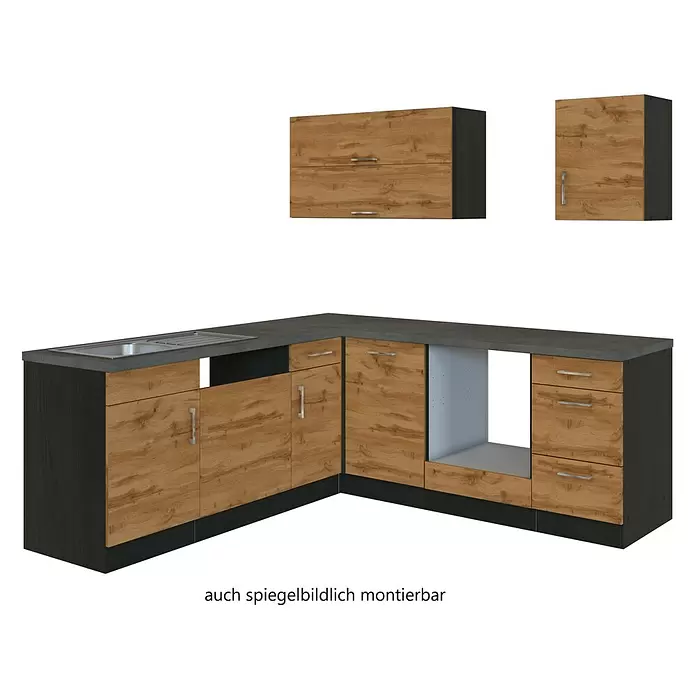 Held Möbel Küchenleerblock Barolo Typ 2 - 210 x 210 cm, Wotaneiche, Farbe Korpus: Graphitgrau, Ohne Elektrogeräte - Modulare Küchenzeile mit L-förmigen Unterschränken in Holzoptik und Dunkelgrau, Spüle und passenden Hängeschränken.