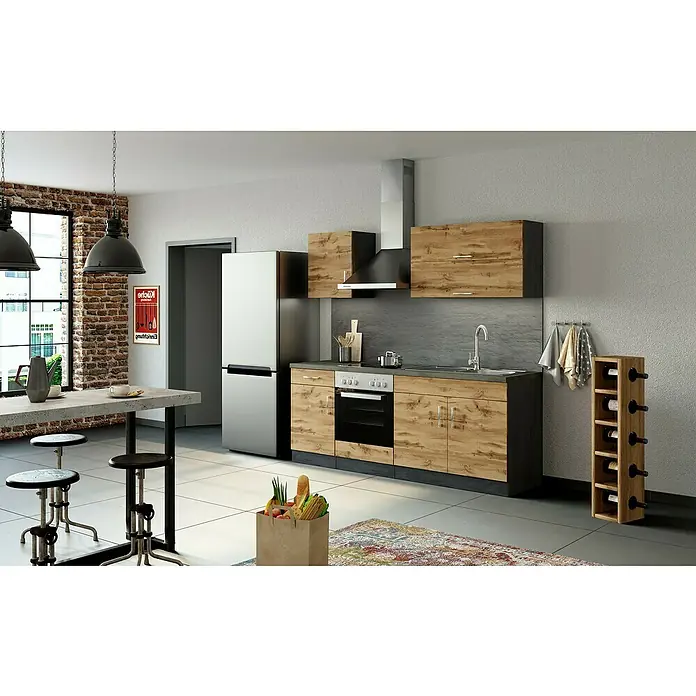 Held Möbel Küchenleerblock - Breite: 210 cm, Wotaneiche, Farbe Korpus: Graphitgrau, Ohne Elektrogeräte - Ein modernes Küchendesign mit hellen Holzakzenten, einer stilvollen Dunstabzugshaube und einer praktischen Weinflaschenaufbewahrung.
