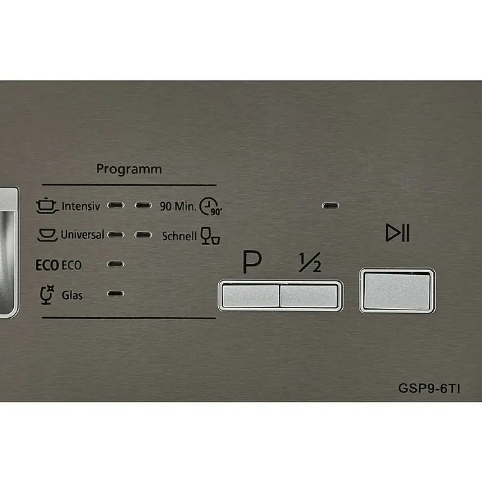 PKM Einbaugeschirrspüler GSP9 6TI - Breite: 44,8 cm, Anzahl Maßgedecke: 9 Stk., Teilintegriert - Nahaufnahme der Bedienfeldanzeige eines Geschirrspülers mit Programmauswahl und Start/Pause-Taste.