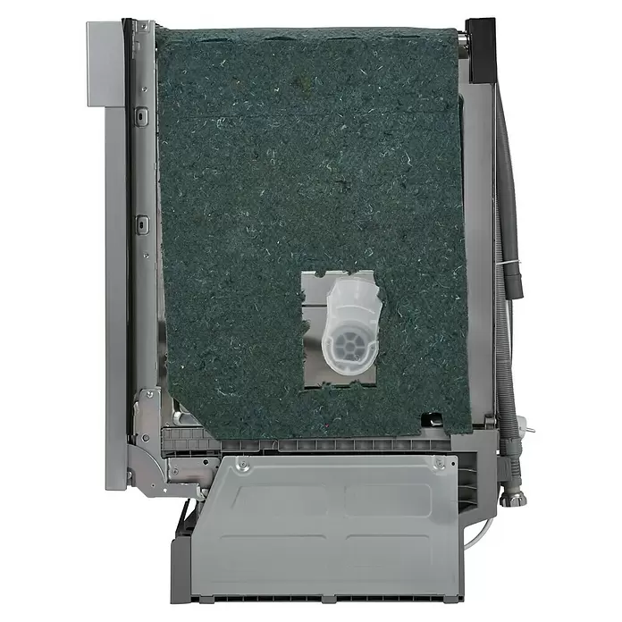 PKM Einbaugeschirrspüler GSP12 6TI P - Breite: 59,8 cm, Anzahl Maßgedecke: 12 Stk., Teilintegriert - Seitenansicht einer Spülmaschine mit dunkelgrauer Faserdämmung, silbernem Metallgehäuse und einem transparenten Wasserpumpen/-filter.