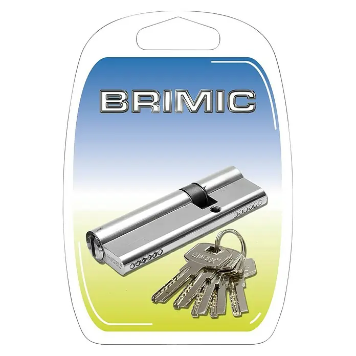 Micel Brimic Cilindro de perfil de seguridad L13 simétrico - Longitud total interior: 35 mm, Longitud total exterior: 35 mm, Número de llaves: 3 ud. - Imagen de una cerradura para puerta BRIMIC con llaves en un paquete, ideal para la seguridad del hogar.