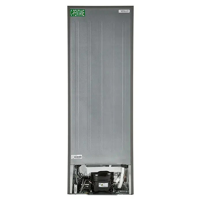 PKM Kühl-Gefrierkombination KG 173 IX-M - Nutzinhalt Gesamt: 173 l, 56 x 50 x 142,2 cm, Silber - Rückansicht eines Kühlschranks mit C-Pentan-Kennzeichnung, der die interne Kühlkomponente für energieeffizienten Betrieb zeigt.